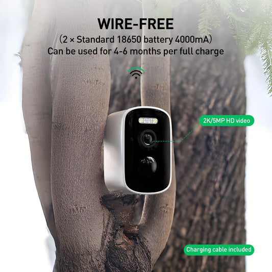 2K/5MP Wireless Outdoor Security Camera, PIR Detection 2.4G Wi-Fi Rechargeable Battery Powered Home Surveillance Camera with Color Night Vision, 2-Way Audio