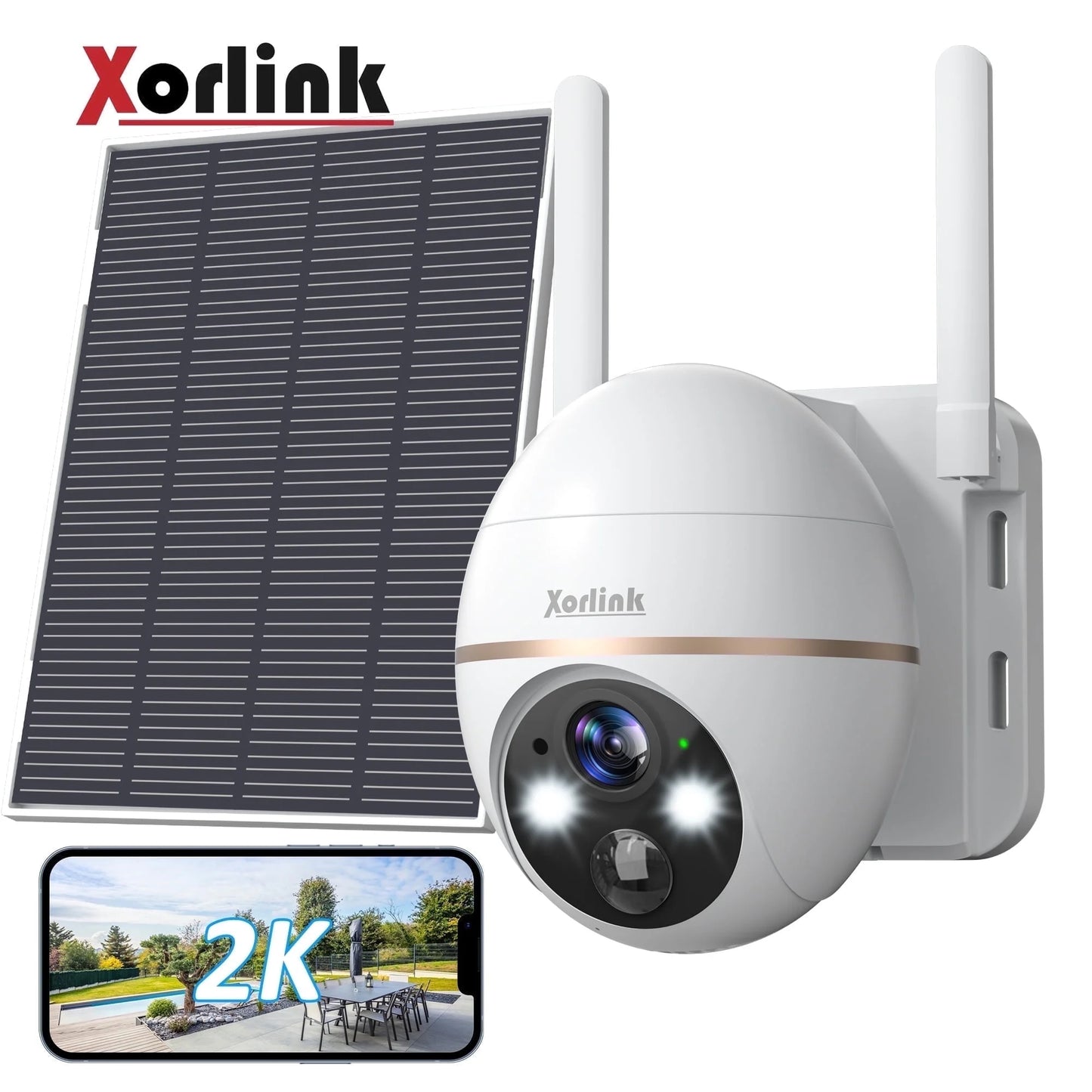 2K Solar Security Camera with Spotlight, 360° View Wireless Outdoor Camera, Waterproof PIR Detection, Rechargeable Battery Powered Home Surveillance Camera with Color Night Vision 2-Way Audio