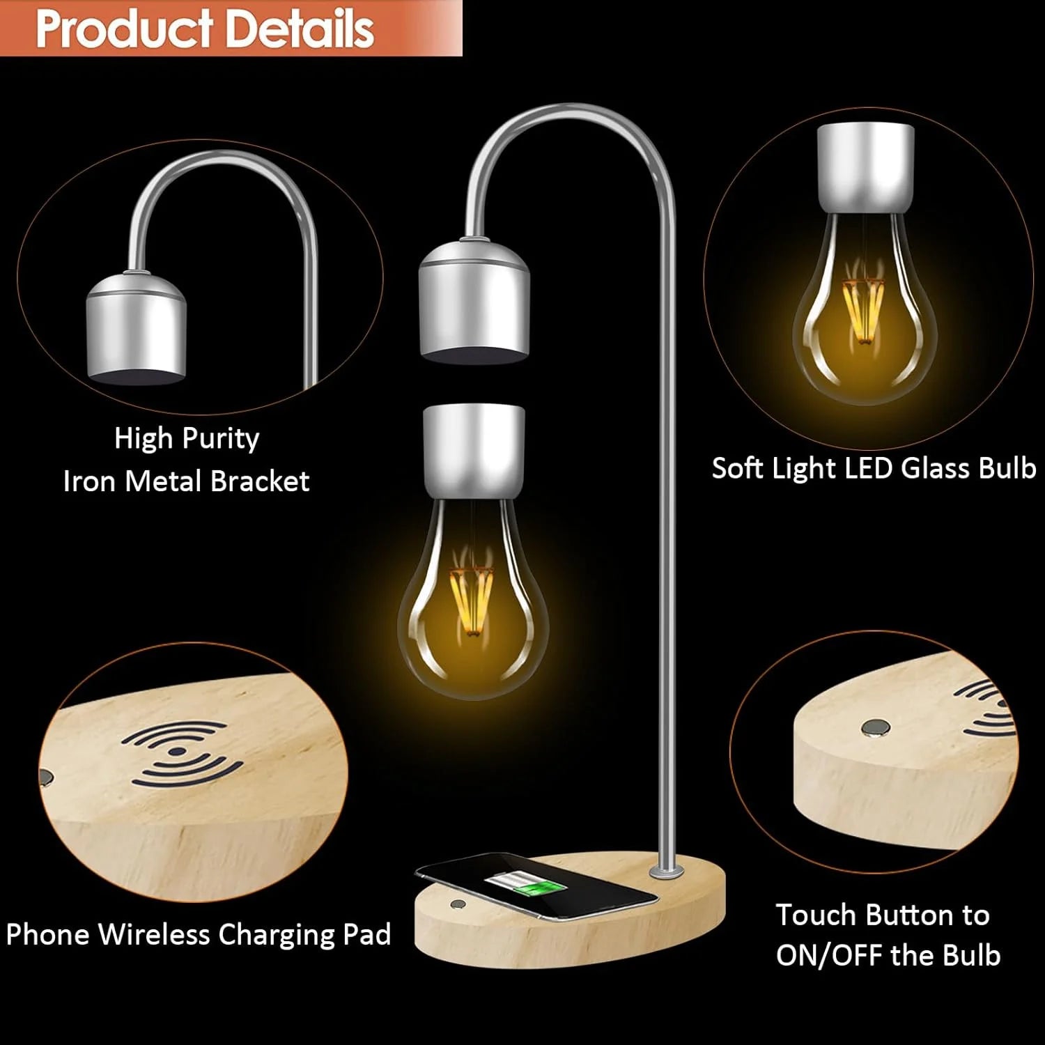 Modern Magnetic Levitating Lamp with Floating Light and Wireless Charger, Simplistic Innovative Warm Decorative Night Light, Cool Floating Lamps for Office and Home Decor