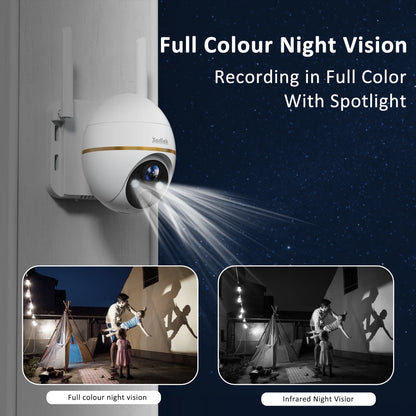2K Solar Security Camera with Spotlight,  360° View Wireless Outdoor Camera, Waterproof PIR Detection, Rechargeable Battery Powered Home Surveillance Camera with Color Night Vision 2-Way Audio