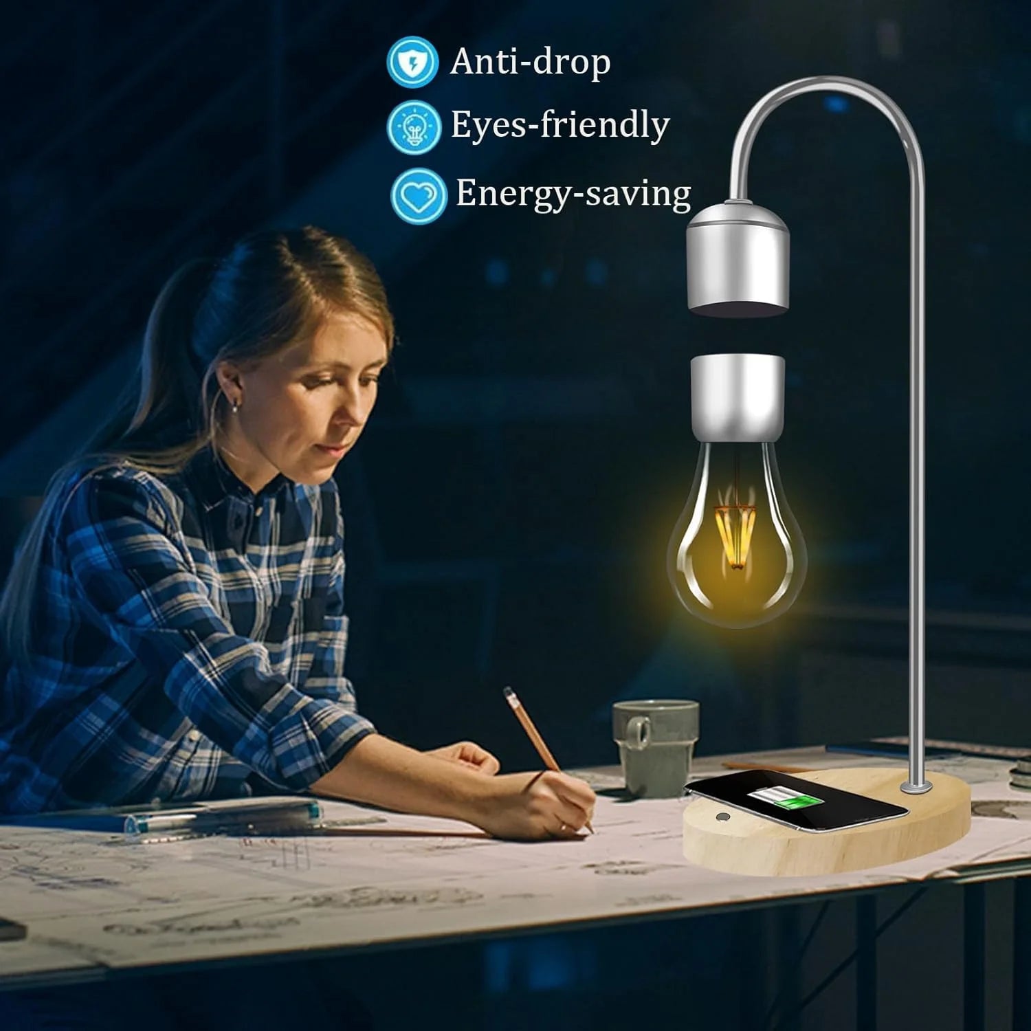 Modern Magnetic Levitating Lamp with Floating Light and Wireless Charger, Simplistic Innovative Warm Decorative Night Light, Cool Floating Lamps for Office and Home Decor