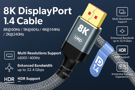 8K DisplayPort 1.4 Cable – 32.4Gbps, 8K@60Hz / 4K@144Hz / 2K@240Hz – Braided High-Speed DP Cord with HDR & Gold-Plated Connectors