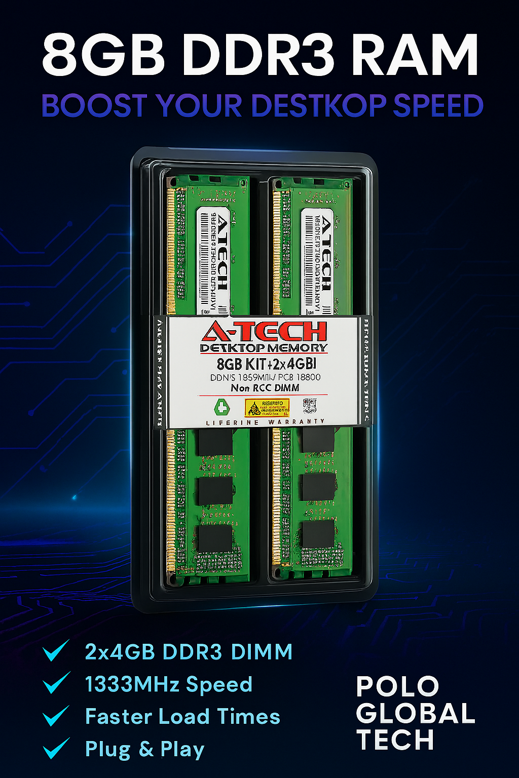 RAM 8GB Kit (2x4GB) DDR3 1333MHz PC3-10600 Desktop Memory – Non-ECC UDIMM, Plug & Play