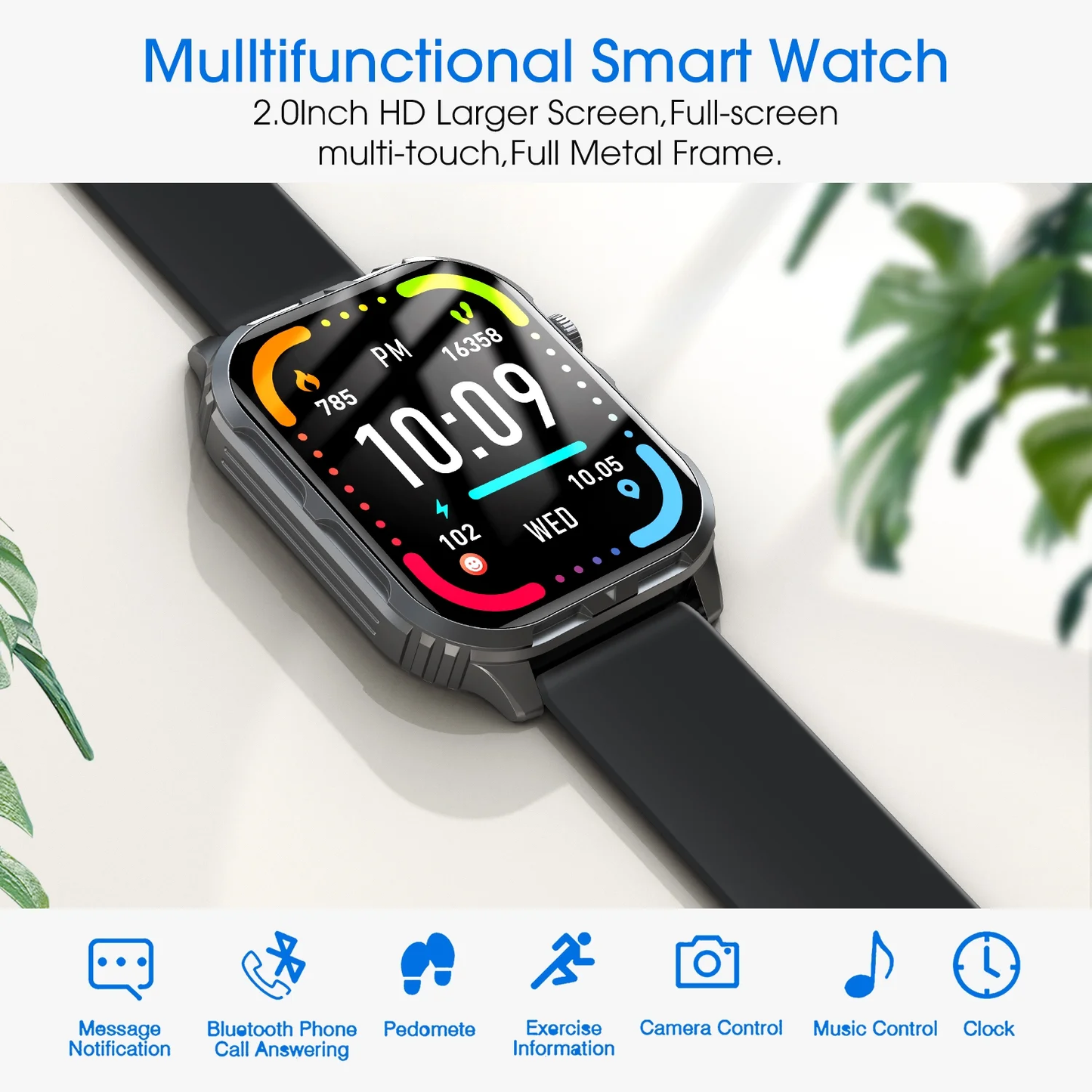 H5 Smart Watch | IP68 Waterproof, Bluetooth Calls, 100+ Sport Modes, 2.0” HD Touch Screen (iOS & Android)