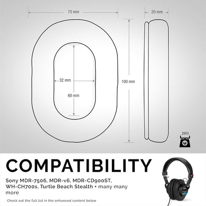 Replacement Earpads for Sony MDR 7506 Headphones - Quality Vegan Leather, Memory Foam Comfort, Long Lasting & Durable, Also Works with Headphones like Steelseries Arctis, ATH-M50X & More