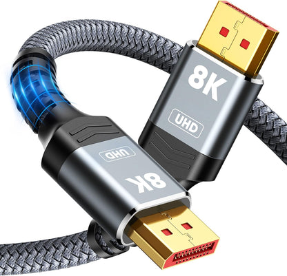 8K 4K Displayport Cable 1.4, 6.6FT DP Cord (VESA Certified, 8K@60Hz, 4K@144Hz, 2K@240Hz/165Hz), 32.4Gbps High Speed Display Port Cable for Gaming Monitor, Hdr/Freesync/G-Sync, Braided, Grey