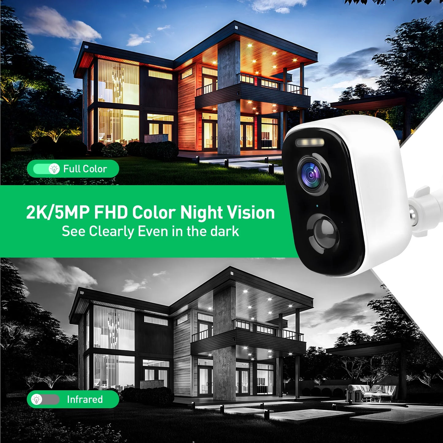 2K/5MP Wireless Outdoor Security Camera, PIR Detection 2.4G Wi-Fi Rechargeable Battery Powered Home Surveillance Camera with Color Night Vision, 2-Way Audio