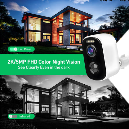 2K/5MP Wireless Outdoor Security Camera, PIR Detection 2.4G Wi-Fi Rechargeable Battery Powered Home Surveillance Camera with Color Night Vision, 2-Way Audio